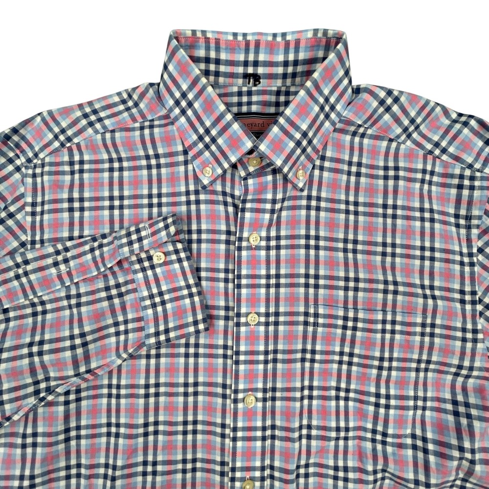 Vineyard Vines Murray Shirt Mens Medium Blue Peach Gray Plaid Button Down Cotton